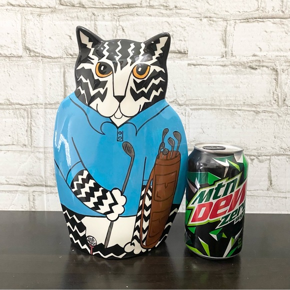 CATS by Nina Lyman Blue Ceramic Cat Golfer 9.5” Planter Vase - Picture 2 of 15
